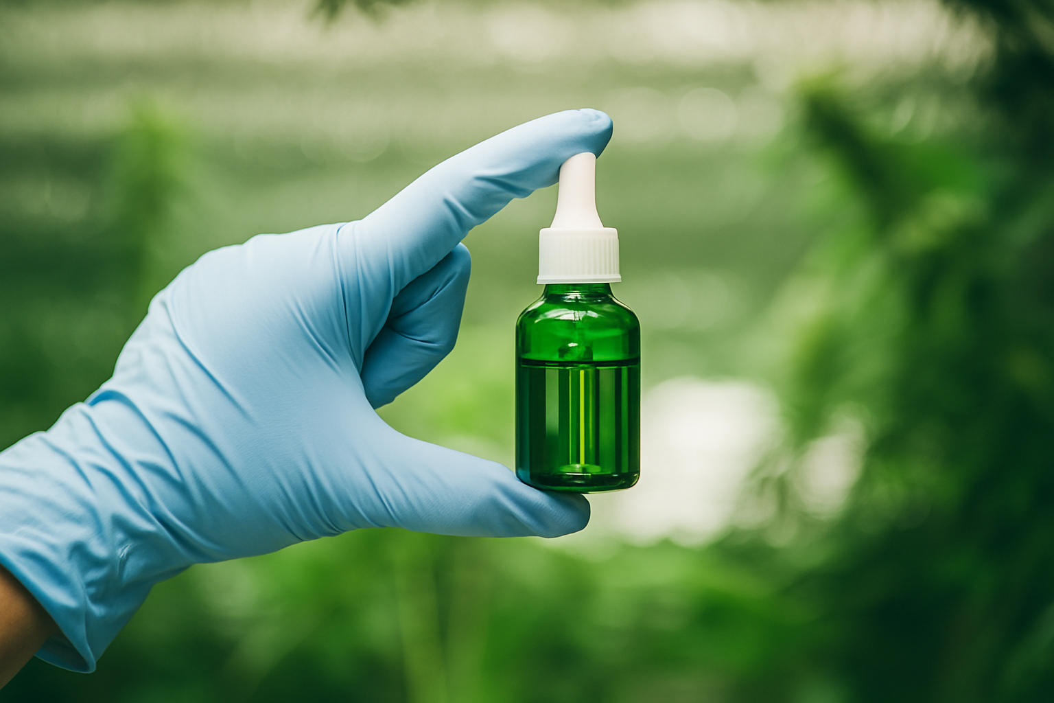 CBD oil dropper above a small bottle on a clean surface.